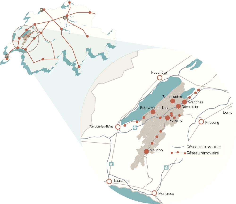 Carte complète de la Broye avec les villes telles que Neuchâtel, Yverdon-les-Bains, Fribourg, Lausanne et Montreux qui sont notées afin de voir comme la Broye est bien située et intéressante pour les entreprises.